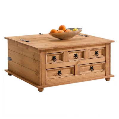 Table basse coffre rangement TEQUILA, pin massif style mexicain finition cir&eacute;e