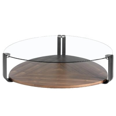 Table basse en bois de noyer et verre 2055C, 135 x 135 x 32 cm. -