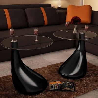 Table basse et dessus de table verre rond noir brillant 2 pcs