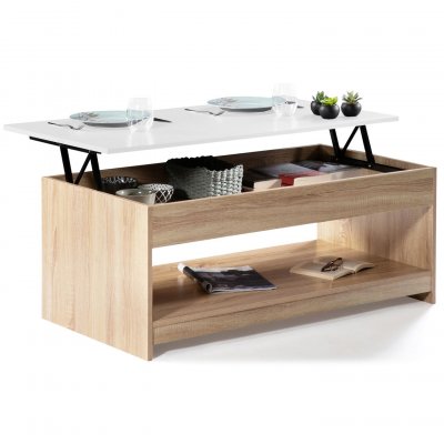 Table basse plateau relevable soa bois imitation h&ecirc;tre plateau blanc