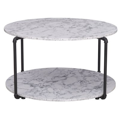 Table basse ronde avec &eacute;tag&egrave;re imitation marbre blanc m&eacute;tal noir