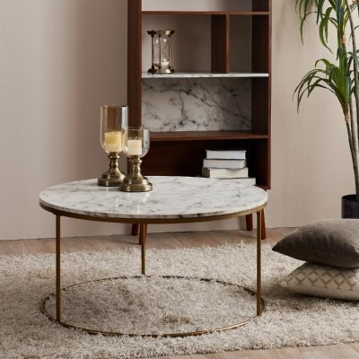 Table basse ronde en bois effet faux marbre pieds m&eacute;tal dor&eacute; laiton Versanora Marmo VNF-00075
