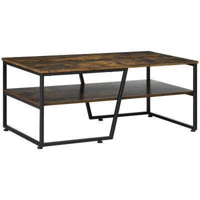 Table basse style industriel &eacute;tag&egrave;re acier noir aspect bois vieilli