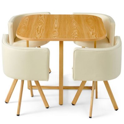 Table bois ch&ecirc;ne clair et 4 chaises similicuir beige Paolo