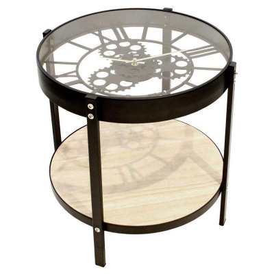 Table d'appoint en m&eacute;tal et bois horloge 40 cm