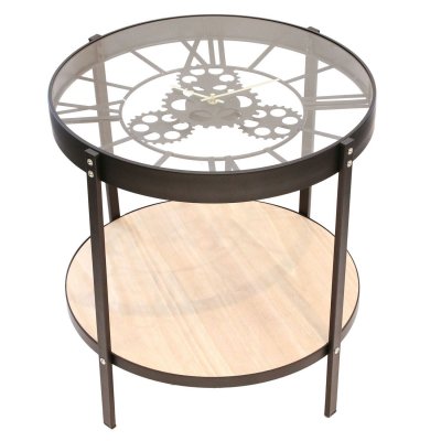 Table d'appoint en m&eacute;tal et bois horloge 50 cm