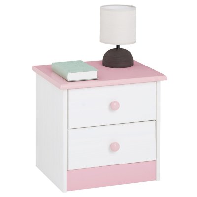 Table de chevet en pin RONDO 2 tiroirs, lasur&eacute; blanc/rose