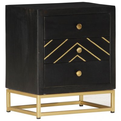 Table de chevet noir et dor&eacute; 40x30x50cm bois de manguier massif