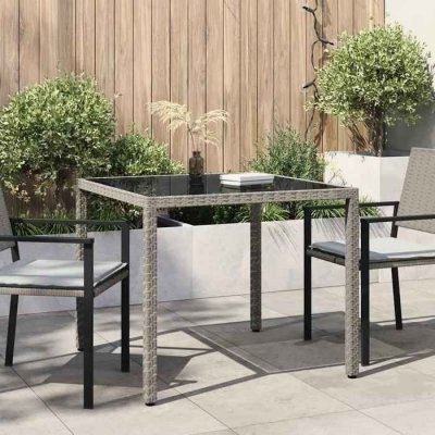 VIDAXL Table de jardin 90x90x75 cm Verre tremp&eacute; et r&eacute;sine tress&eacute;e Gris