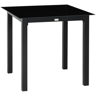 OUTSUNNY Table de jardin carr&eacute;e 4 personnes dim. 80L x 80l x 74H cm alu. plateau verre tremp&eacute; noir