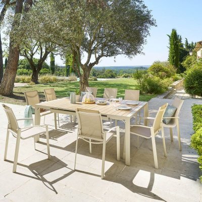 HESPERIDE Table de jardin extensible carr&eacute;e &eacute;vasion en aluminium lin et blanc trait&eacute; &eacute;poxy 10 places EVASION 