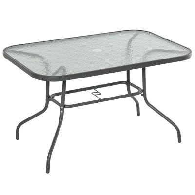 Table de jardin rectangulaire dim. 120L X 80l x 70H cm m&eacute;tal &eacute;poxy gris plateau verre tremp&eacute;