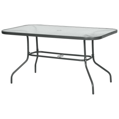Table de jardin rectangulaire m&eacute;tal &eacute;poxy gris plateau verre tremp&eacute;