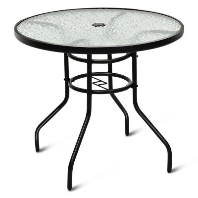 COSTWAY Table de Jardin Ronde en Verre Tremp&eacute; -  - Noir - 80 cm - Ext&eacute;rieur