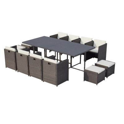 CONCEPT USINE Table et chaise 12 places encastrables alu r&eacute;sine gris/blanc