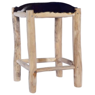 Tabouret de bar cuir de ch&egrave;vre v&eacute;ritable et bois de teck massif