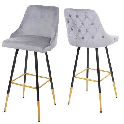 Tabouret de bar - HWC - E70 - Design r&eacute;tro - Velours - Pieds dor&eacute;s - Gris