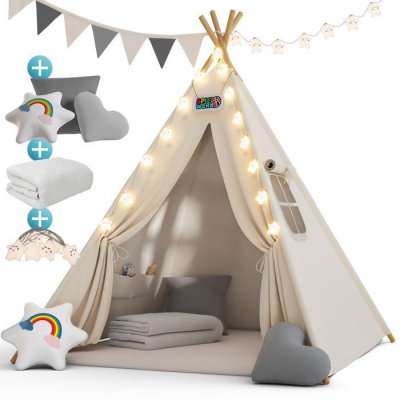 SPIELWERK Tipi enfant avec tapis blanc 120x160x160cm