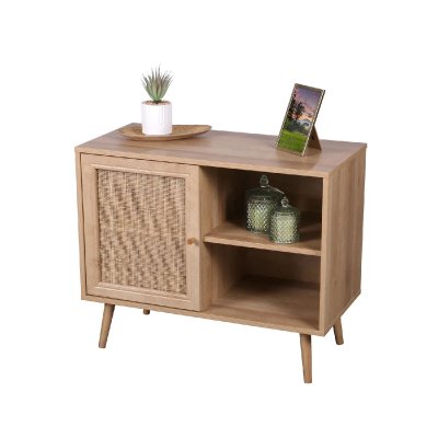 Toilinux Commode 1 porte Bali en cannage et bois contreplaqu&eacute;