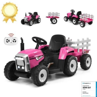 COSTWAY Tracteur avec remorque electrique pour enfants 12 v avec t&eacute;l&eacute;commande 2,4g - 3 vitesses