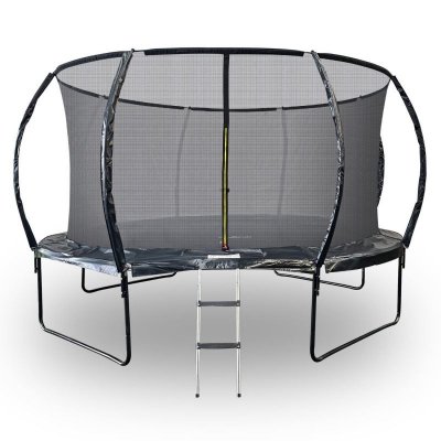 JUMP4FUN Trampoline 14ft &oslash; 427 cm noire avec echelle, protection et filet de s&eacute;curit&eacute; 