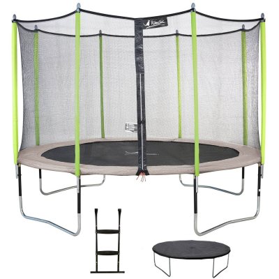 KANGUI Trampoline 360 cm + filet de s&eacute;curit&eacute; + &eacute;chelle + b&acirc;che jumpi taupe/vert 360