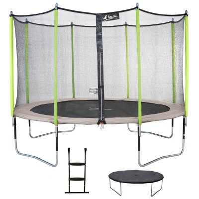 KANGUI Trampoline 430 cm + filet de s&eacute;curit&eacute; + &eacute;chelle + b&acirc;che jumpi taupe/vert