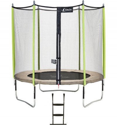 KANGUI Trampoline de jardin 244 cm + filet de s&eacute;curit&eacute; + &eacute;chelle JUMPI Taupe/Vert 250