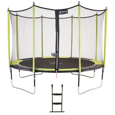 KANGUI Trampoline de jardin 426 cm + filet de s&eacute;curit&eacute; + &eacute;chelle jumpi vert/noir 430