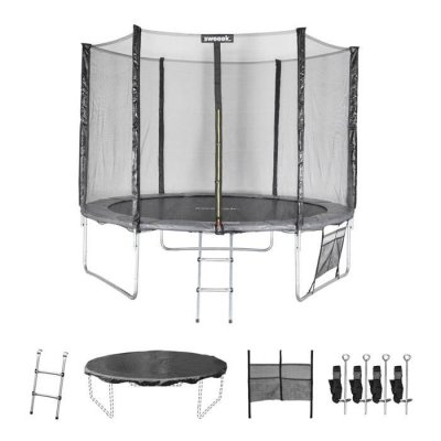 SWEEEK Trampoline de jardin Mars XXL Gris - 305 cm - Filet de protection, &eacute;chelle, b&acirc;che, kit d'ancrage