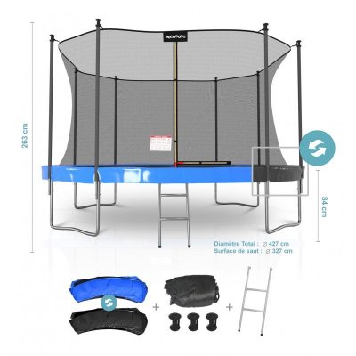 PLAY4FUN Trampoline &oslash;427cm - 14FT Filet int&eacute;rieur - Matelas r&eacute;versible bleu et noir, Echelle - Classique