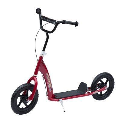 HOMCOM Trottinette patinette pneus 30 cm hauteur guidon r&eacute;glable poign&eacute;e frein et b&eacute;quille acier rouge 