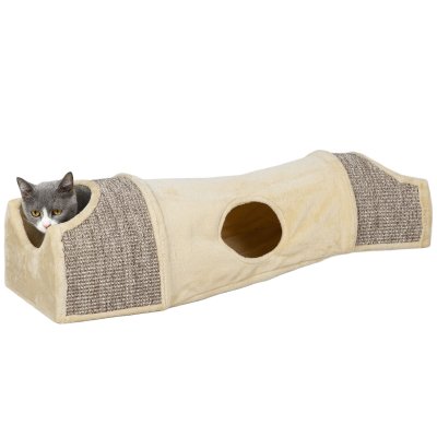 PAWHUT Tunnel pour chat modulable - 3 portes, 2 griffoirs - sisal peluche beige 