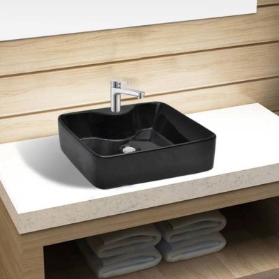 Vasque carr&eacute;e &agrave; trou pour robinet c&eacute;ramique Noir pour salle de bain
