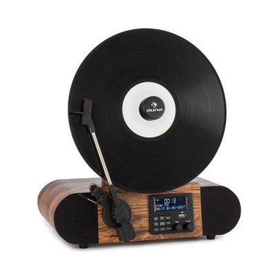 AUNA Verticalo SE Platine vinyle design r&eacute;tro - Bluetooth - 3 vitesses de lecture - Bois marron