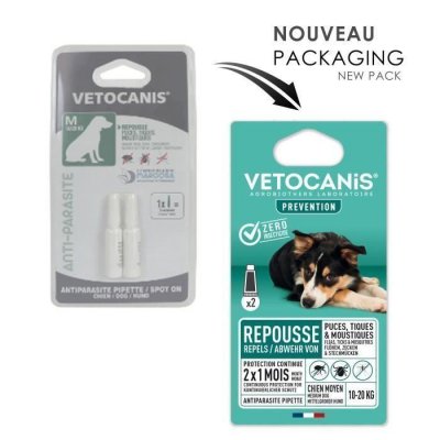 VETOCANIS  2 Pipettes anti-puces et anti-tiques - Pour chien 10-20 kg - 2x 1 mois de protection