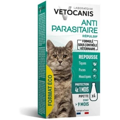 VETOCANIS  4 Pipettes Anti-puces et anti-tiques - Pour Chat - 4x 1 mois de protection