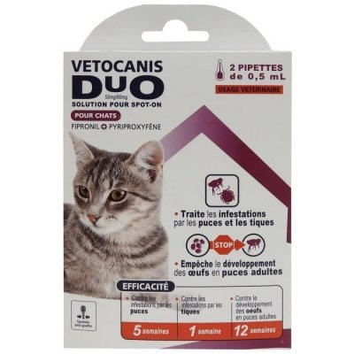 VETOCANIS  Duo Pipettes Anti-Puces Et Anti-Tiques Chat. Protection 5 Semaines
