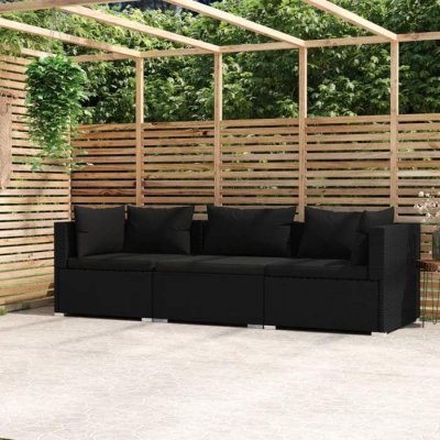 VIDAXL  - Canap&eacute; 3 places avec coussins Noir R&eacute;sine tress&eacute;e Black