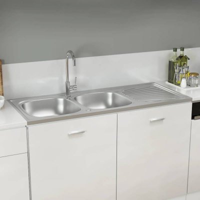 VIDAXL  &Eacute;vier de cuisine &agrave; double lavabo Argent&eacute; 1200x600x155 mm Inox