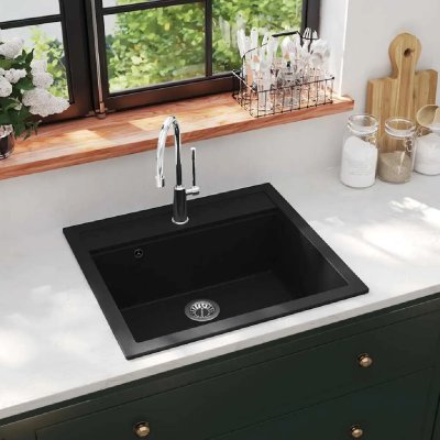 VIDAXL  &eacute;vier de cuisine en granit bac unique noir 142954