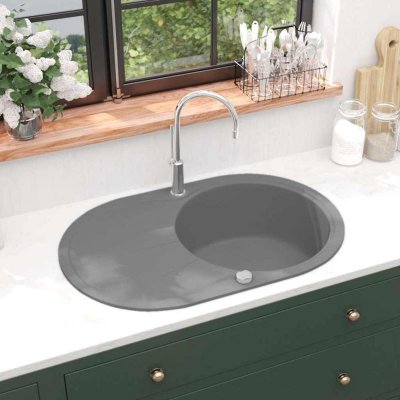 VIDAXL  &eacute;vier de cuisine en granit bac unique ovale gris 142959