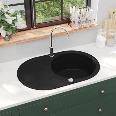 VIDAXL  &eacute;vier de cuisine en granit bac unique ovale noir 142958