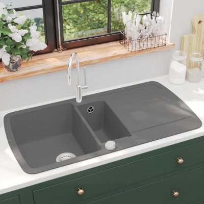 VIDAXL  &eacute;vier de cuisine en granit double bac gris 142947