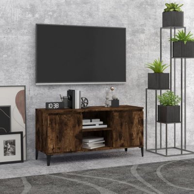 VIDAXL  meuble tv avec pieds en m&eacute;tal ch&ecirc;ne fum&eacute; 103,5x35x50 cm