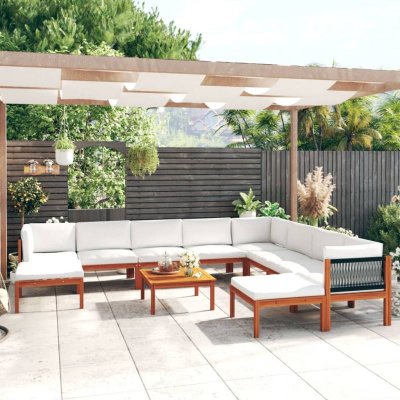 VIDAXL  salon de jardin 11 pcs avec coussins cr&egrave;me bois d'acacia solide