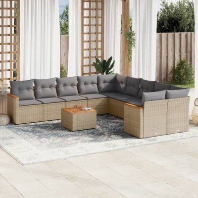 VIDAXL  Salon de Jardin 11 Pcs avec Coussins - M&eacute;lange Beige - R&eacute;sine Tress&eacute;e