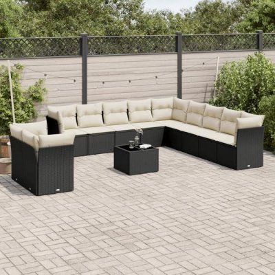 VIDAXL  Salon de jardin 12 pcs avec coussins noir r&eacute;sine tress&eacute;e blanc