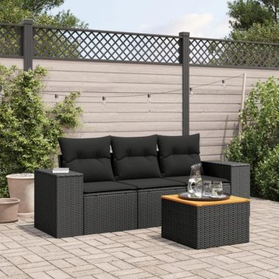 VIDAXL  Salon de jardin 4 pcs avec coussins noir r&eacute;sine tress&eacute;e 3257644