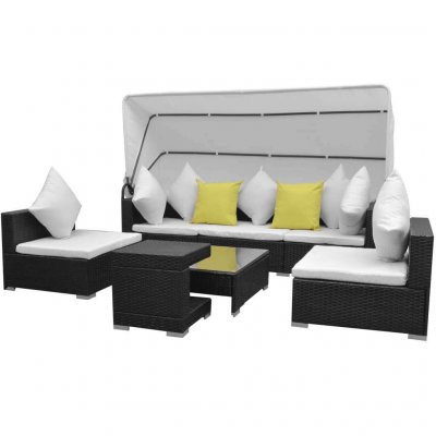 VIDAXL  salon de jardin 7 pcs avec baldaquin r&eacute;sine tress&eacute;e noir 42750